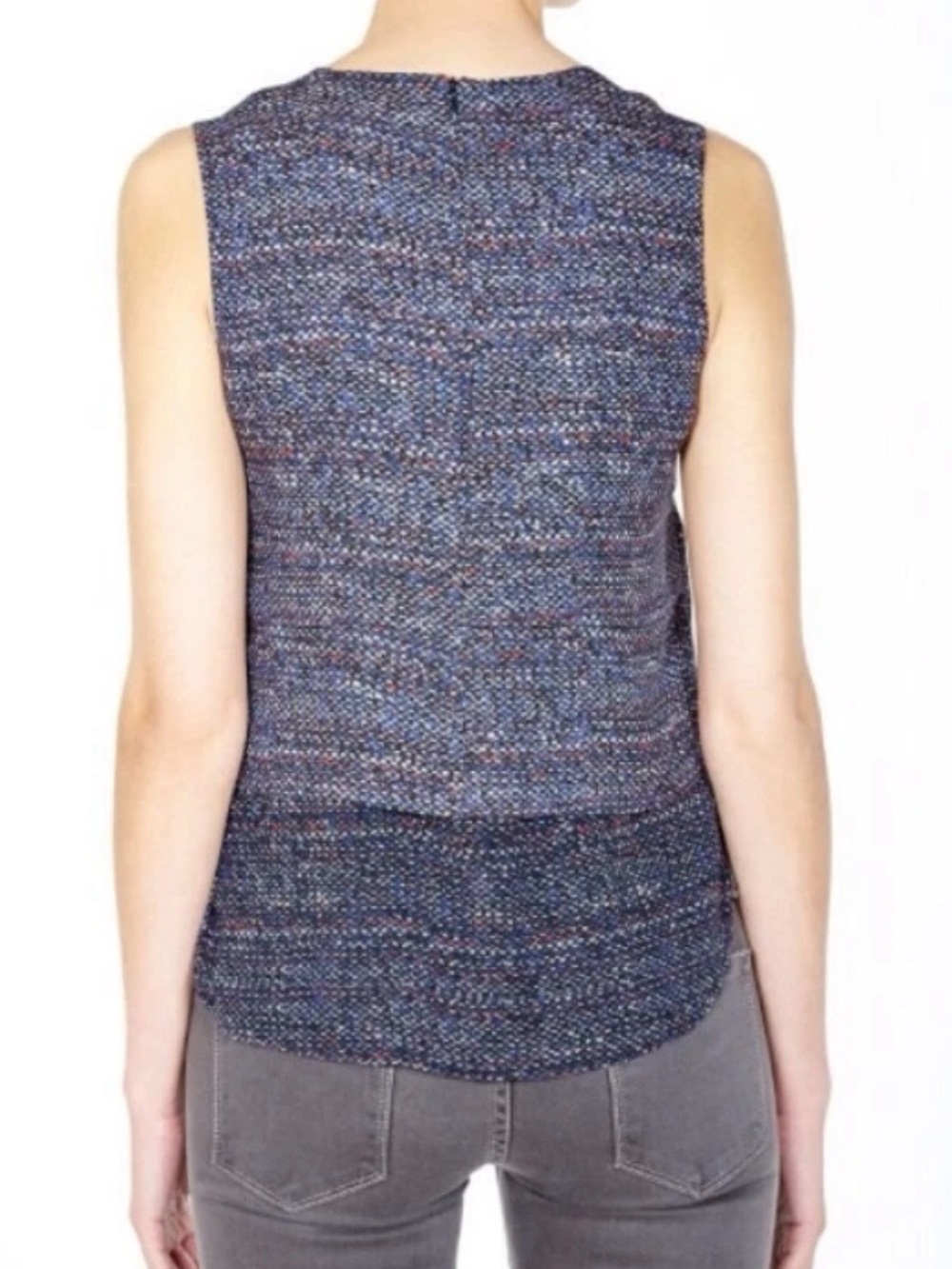 Theory 100% Silk Tweed Print Navy Sleeveless Blouse Office Casual Sheer SZ L - Picture 2 of 9